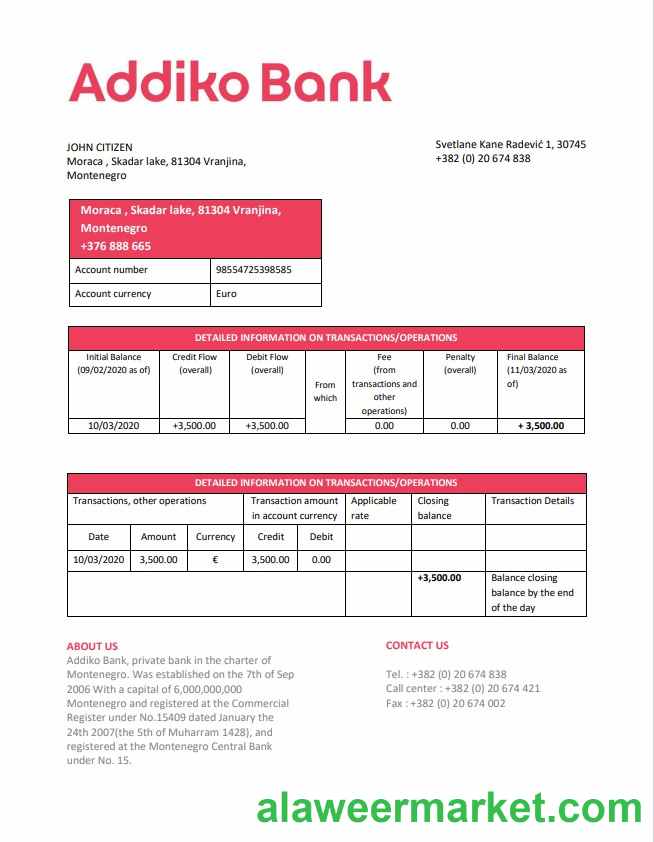 Montenegro Addiko Bank statement